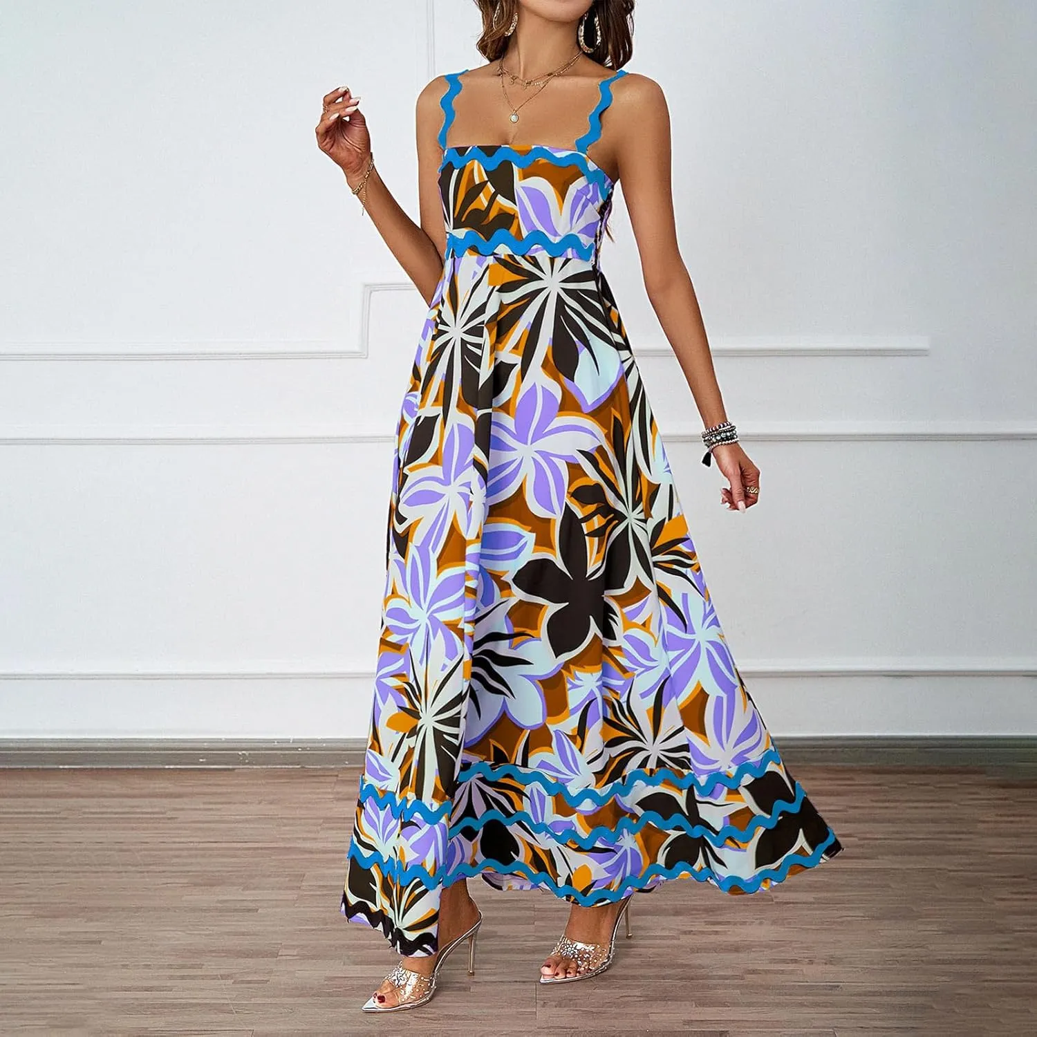 Womens Spring Maxi Dress Fit and Flare Square Neck Long Flowy Dress Sundress Spaghetti Strap Vacation Maxi Dresses