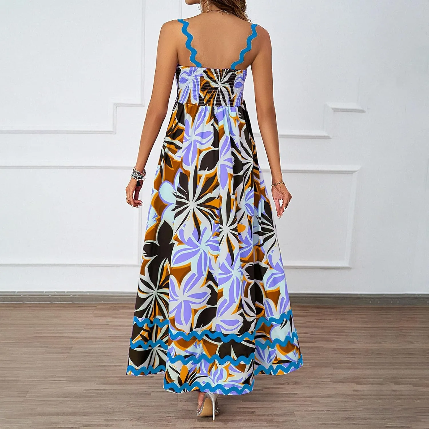 Womens Spring Maxi Dress Fit and Flare Square Neck Long Flowy Dress Sundress Spaghetti Strap Vacation Maxi Dresses