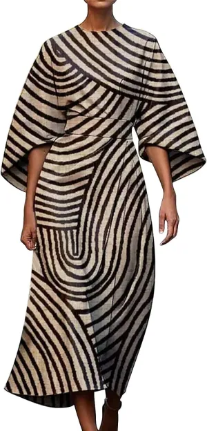 Women's Spring Summer Dress Elegant Floral Print Empire Waist Sundress Crew Neck Loose Half Sleeve Maxi Dresses