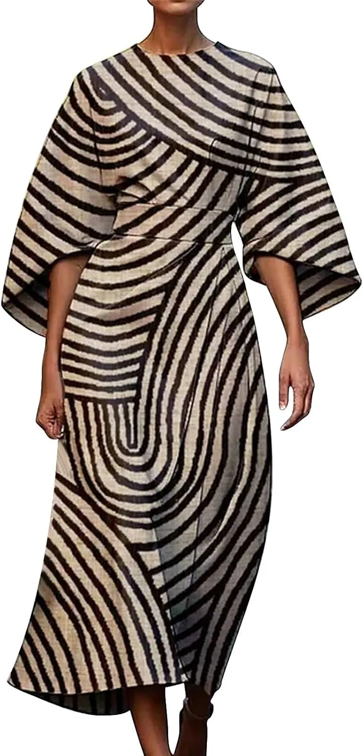 Women's Spring Summer Dress Elegant Floral Print Empire Waist Sundress Crew Neck Loose Half Sleeve Maxi Dresses