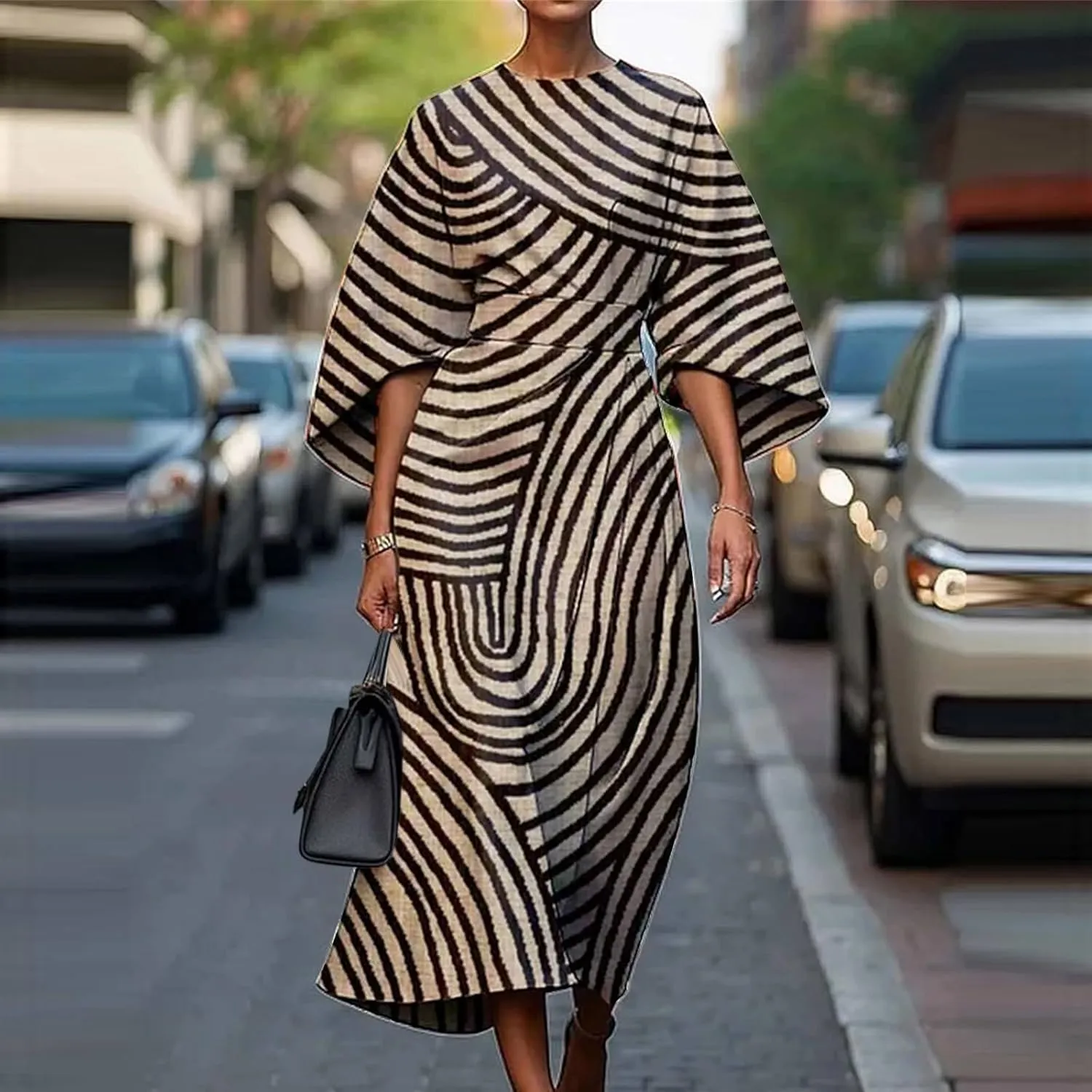 Women's Spring Summer Dress Elegant Floral Print Empire Waist Sundress Crew Neck Loose Half Sleeve Maxi Dresses