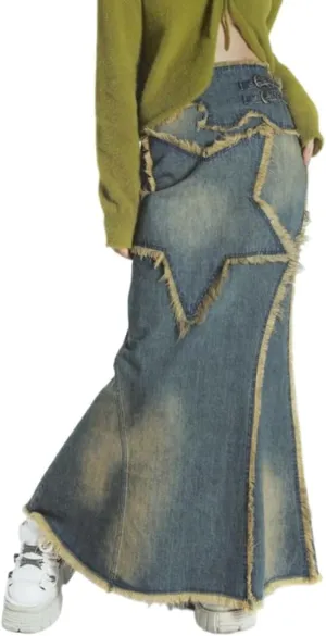Women's Star Patch Flared Jeans Frayed Distressed Retro Style Loose Fit Maxi Skirts High Waist Denim Skirts Y2K