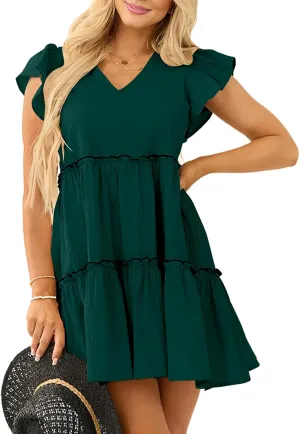 Womens Summer Babydoll Mini Dress V Neck Tie Back Ruffle Sleeve Casual Tiered Loose Flowy Swing Tunic Shift Dress