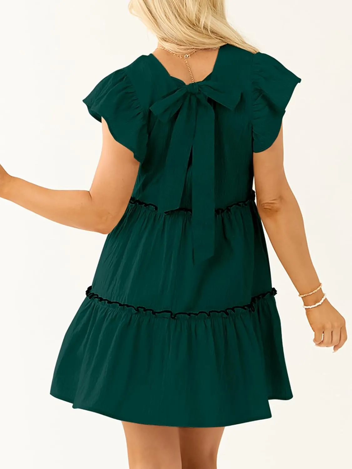Womens Summer Babydoll Mini Dress V Neck Tie Back Ruffle Sleeve Casual Tiered Loose Flowy Swing Tunic Shift Dress