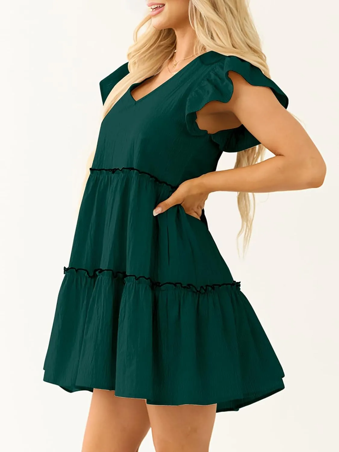Womens Summer Babydoll Mini Dress V Neck Tie Back Ruffle Sleeve Casual Tiered Loose Flowy Swing Tunic Shift Dress