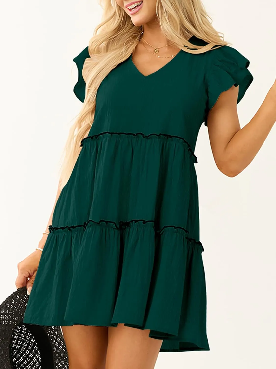 Womens Summer Babydoll Mini Dress V Neck Tie Back Ruffle Sleeve Casual Tiered Loose Flowy Swing Tunic Shift Dress