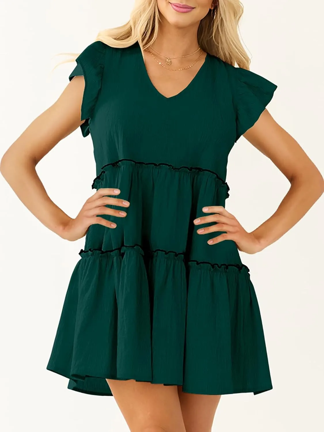 Womens Summer Babydoll Mini Dress V Neck Tie Back Ruffle Sleeve Casual Tiered Loose Flowy Swing Tunic Shift Dress