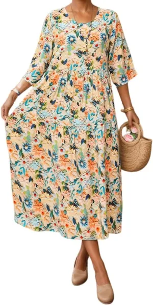 Women's Summer Boho Floral Crew Neck Half Sleeve Midi Dress Oversized Beach Vacation Flowy Swing Sundresses for Women