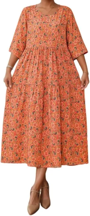 Women's Summer Boho Floral Crew Neck Half Sleeve Midi Dress Oversized Beach Vacation Flowy Swing Sundresses for Women