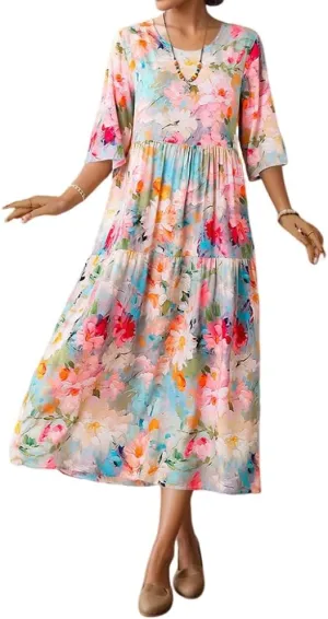 Women's Summer Boho Floral Crew Neck Half Sleeve Midi Dress Oversized Beach Vacation Flowy Swing Sundresses for Women
