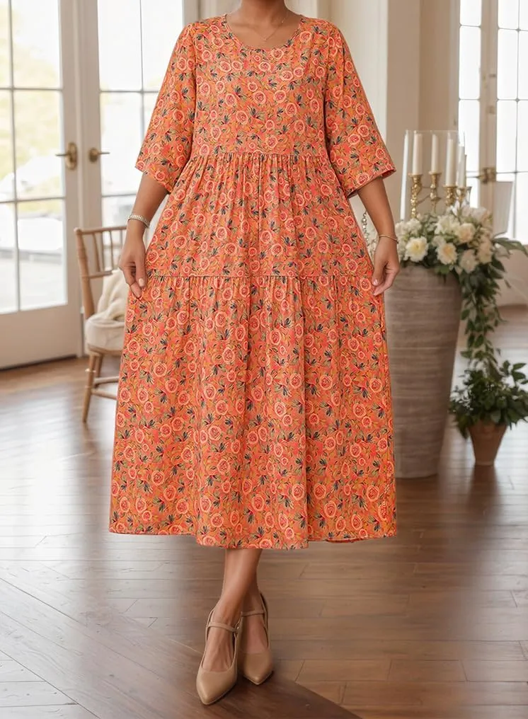 Women's Summer Boho Floral Crew Neck Half Sleeve Midi Dress Oversized Beach Vacation Flowy Swing Sundresses for Women