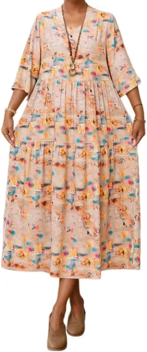 Women's Summer Boho Floral Crew Neck Half Sleeve Midi Dress Oversized Beach Vacation Flowy Swing Sundresses for Women