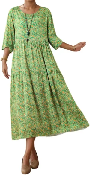 Women's Summer Boho Floral Crew Neck Half Sleeve Midi Dress Oversized Beach Vacation Flowy Swing Sundresses for Women