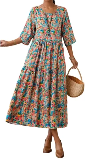 Women's Summer Boho Floral Crew Neck Half Sleeve Midi Dress Oversized Beach Vacation Flowy Swing Sundresses for Women