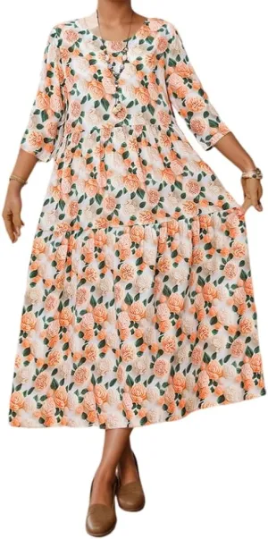 Women's Summer Boho Floral Crew Neck Half Sleeve Midi Dress Oversized Beach Vacation Flowy Swing Sundresses for Women