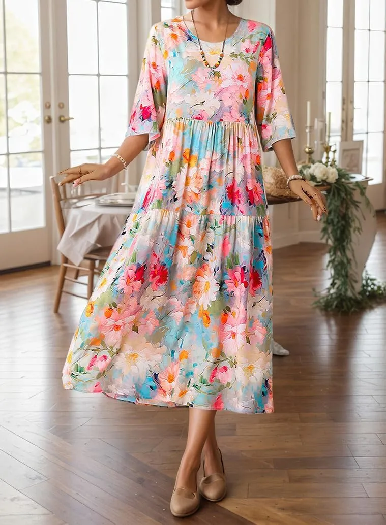 Women's Summer Boho Floral Crew Neck Half Sleeve Midi Dress Oversized Beach Vacation Flowy Swing Sundresses for Women
