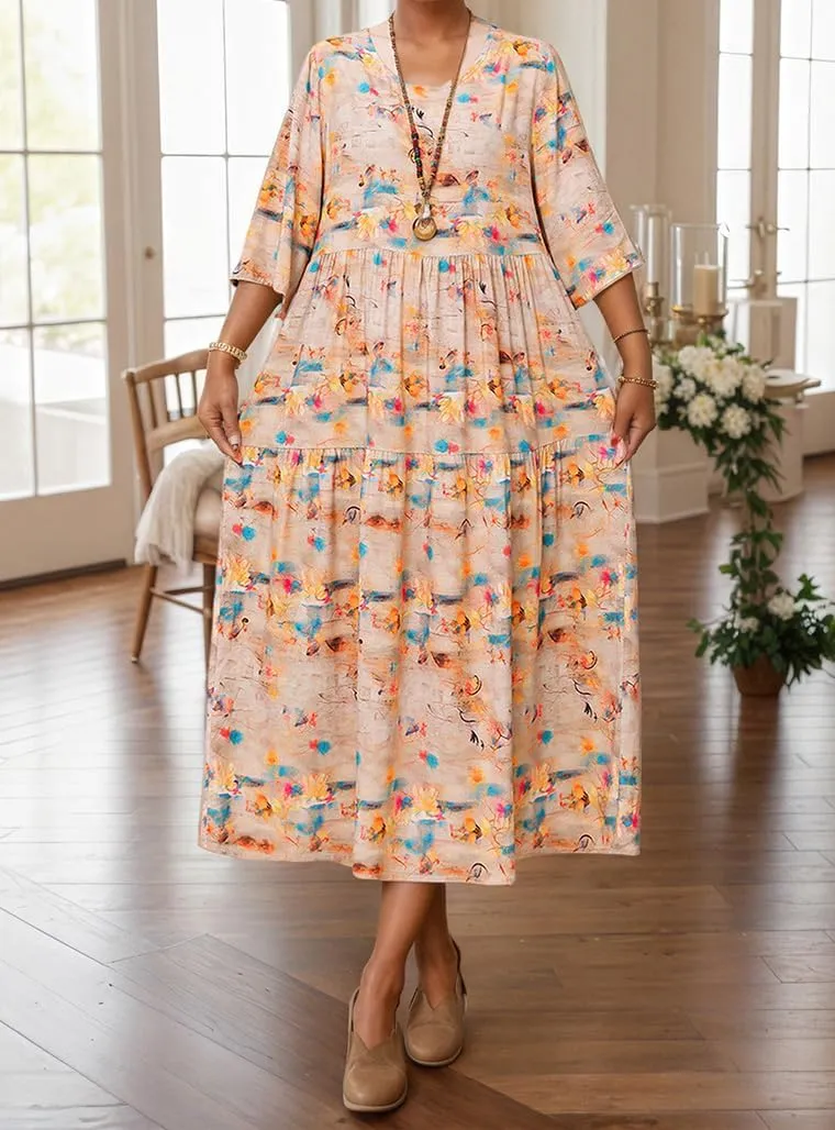 Women's Summer Boho Floral Crew Neck Half Sleeve Midi Dress Oversized Beach Vacation Flowy Swing Sundresses for Women
