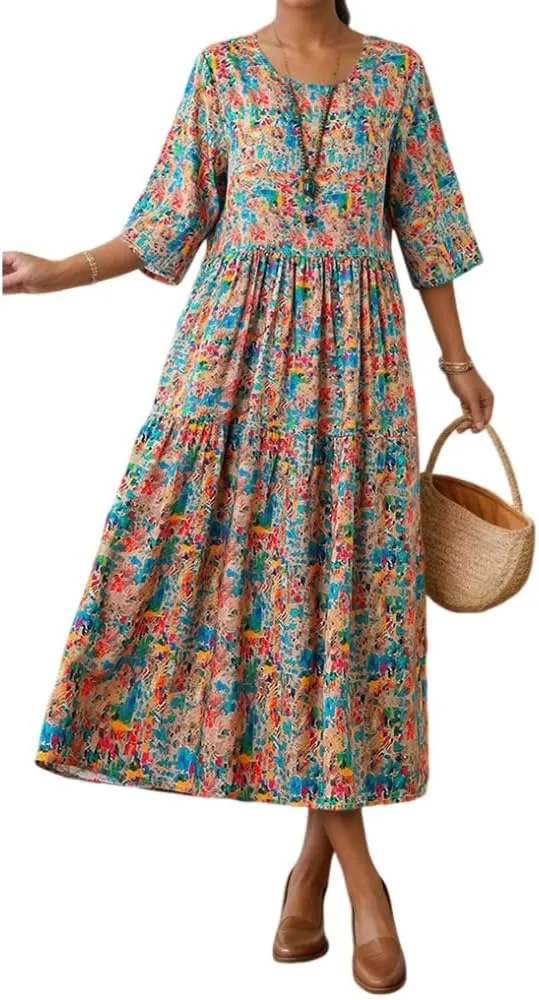 Women's Summer Boho Floral Crew Neck Half Sleeve Midi Dress Oversized Beach Vacation Flowy Swing Sundresses for Women