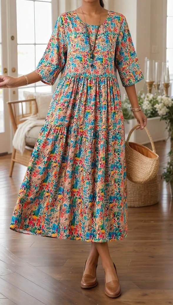 Women's Summer Boho Floral Crew Neck Half Sleeve Midi Dress Oversized Beach Vacation Flowy Swing Sundresses for Women