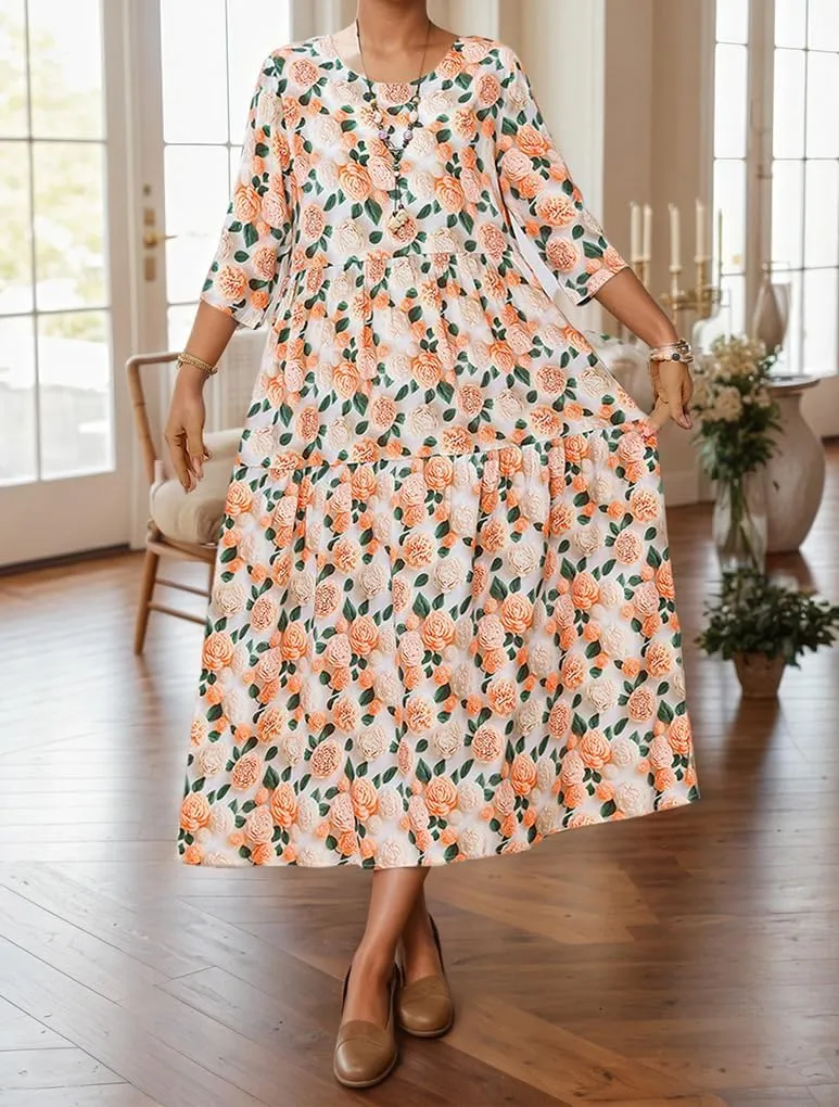 Women's Summer Boho Floral Crew Neck Half Sleeve Midi Dress Oversized Beach Vacation Flowy Swing Sundresses for Women