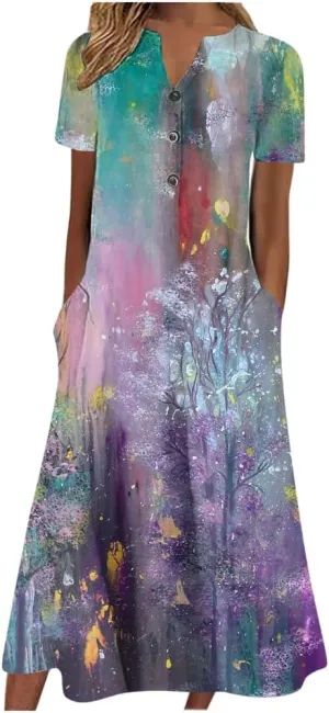 Women's Summer Boho Floral Print Maxi Shirt Dress with Pockets Casual Loose Short Sleeve V Neck Half Button Dresses