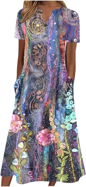 Women's Summer Boho Floral Print Maxi Shirt Dress with Pockets Casual Loose Short Sleeve V Neck Half Button Dresses