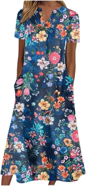 Women's Summer Boho Floral Print Maxi Shirt Dress with Pockets Casual Loose Short Sleeve V Neck Half Button Dresses