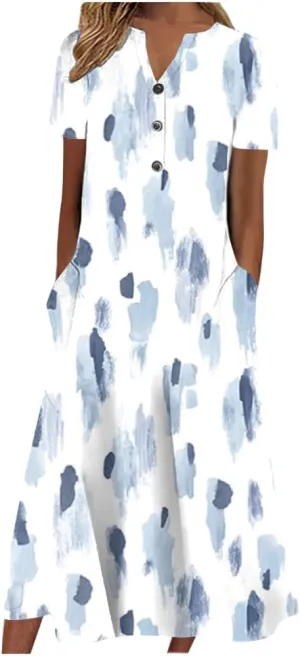 Women's Summer Boho Floral Print Maxi Shirt Dress with Pockets Casual Loose Short Sleeve V Neck Half Button Dresses
