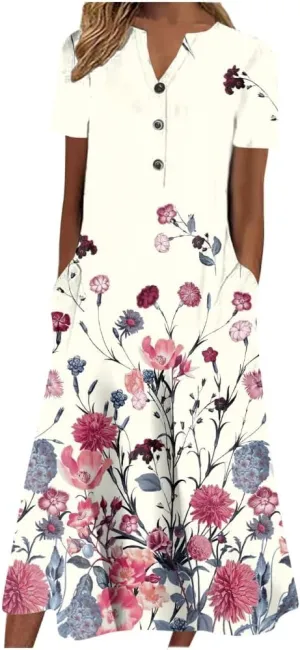 Women's Summer Boho Floral Print Maxi Shirt Dress with Pockets Casual Loose Short Sleeve V Neck Half Button Dresses
