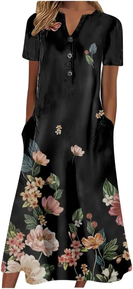Women's Summer Boho Floral Print Maxi Shirt Dress with Pockets Casual Loose Short Sleeve V Neck Half Button Dresses