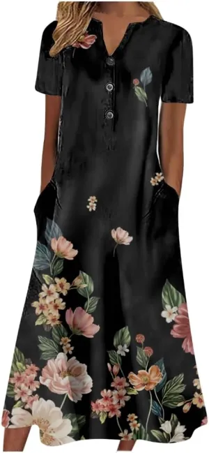 Women's Summer Boho Floral Print Maxi Shirt Dress with Pockets Casual Loose Short Sleeve V Neck Half Button Dresses