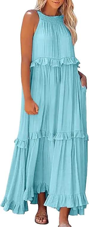 Womens Summer Boho Halter Maxi Dresses 2024 Casual Sleeveless Pleated Tiered Flowy Beach Vacation Long Dress