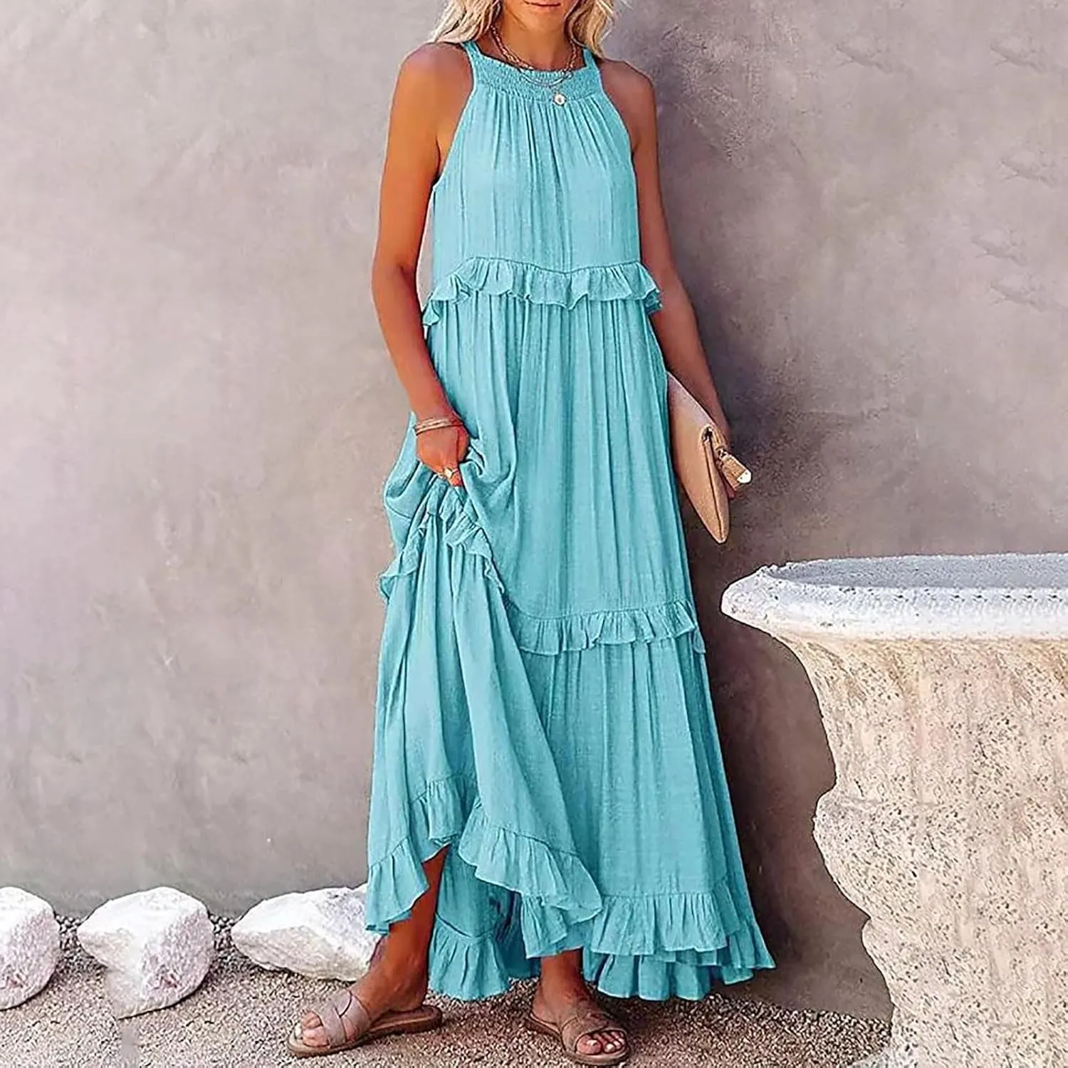 Womens Summer Boho Halter Maxi Dresses 2024 Casual Sleeveless Pleated Tiered Flowy Beach Vacation Long Dress