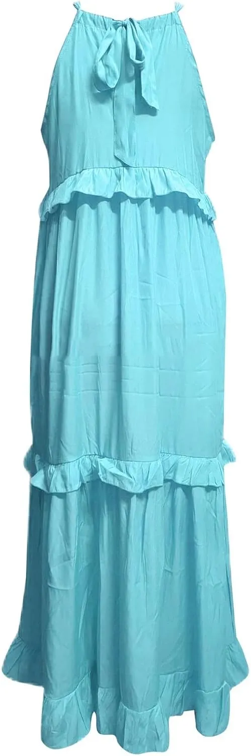 Womens Summer Boho Halter Maxi Dresses 2024 Casual Sleeveless Pleated Tiered Flowy Beach Vacation Long Dress