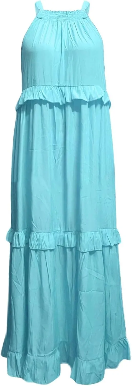 Womens Summer Boho Halter Maxi Dresses 2024 Casual Sleeveless Pleated Tiered Flowy Beach Vacation Long Dress