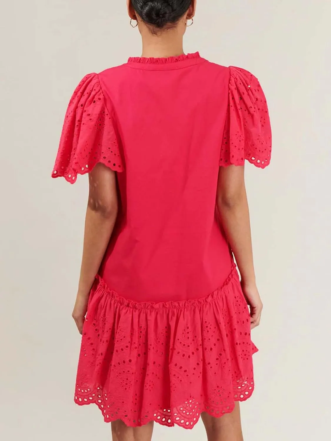 Womens Summer Boho Resort Dresses Moss Eyelet V-Neck Ruffle Cap Sleeve Mini Dress Beach Sundress with Pocket