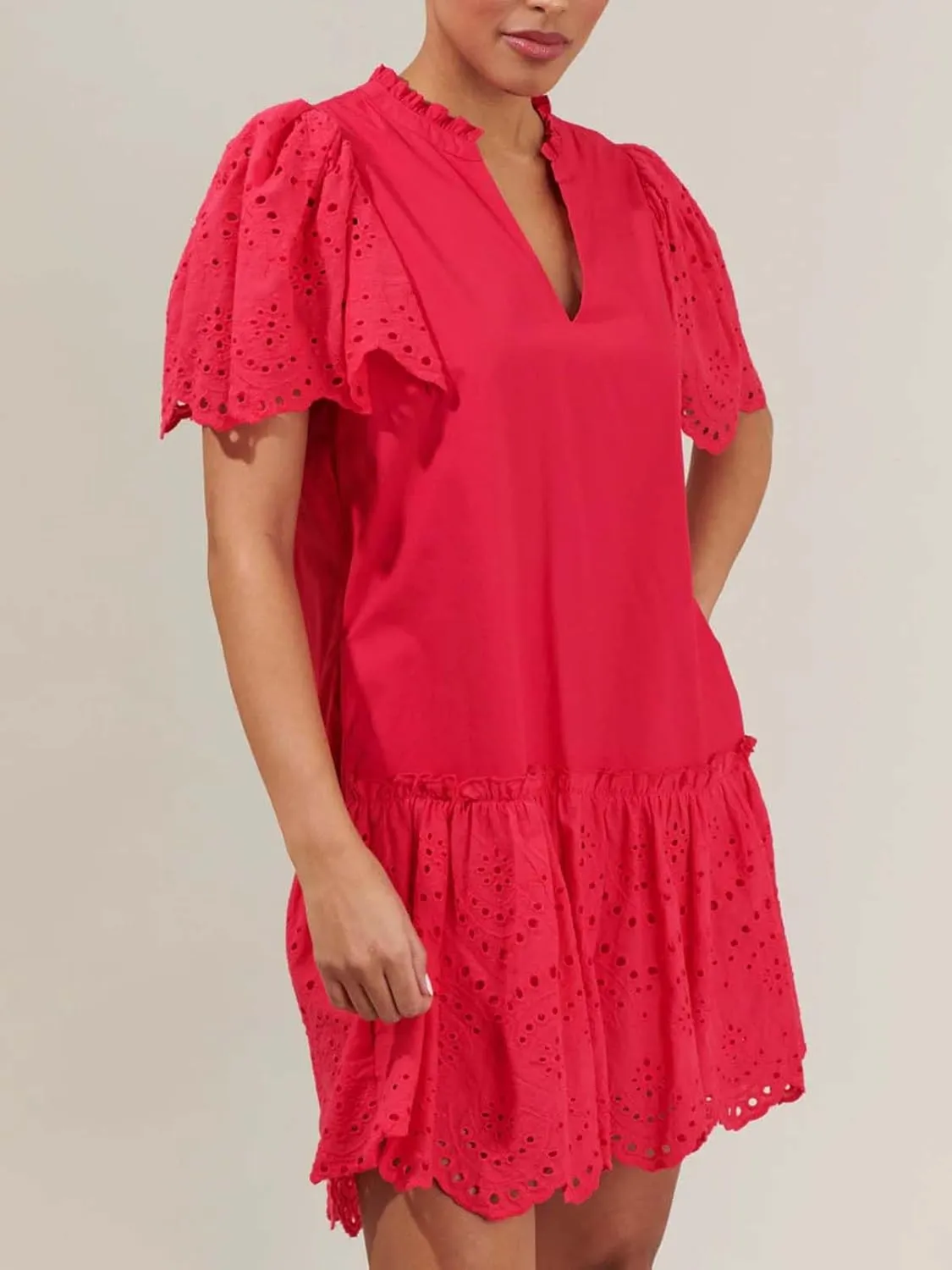 Womens Summer Boho Resort Dresses Moss Eyelet V-Neck Ruffle Cap Sleeve Mini Dress Beach Sundress with Pocket