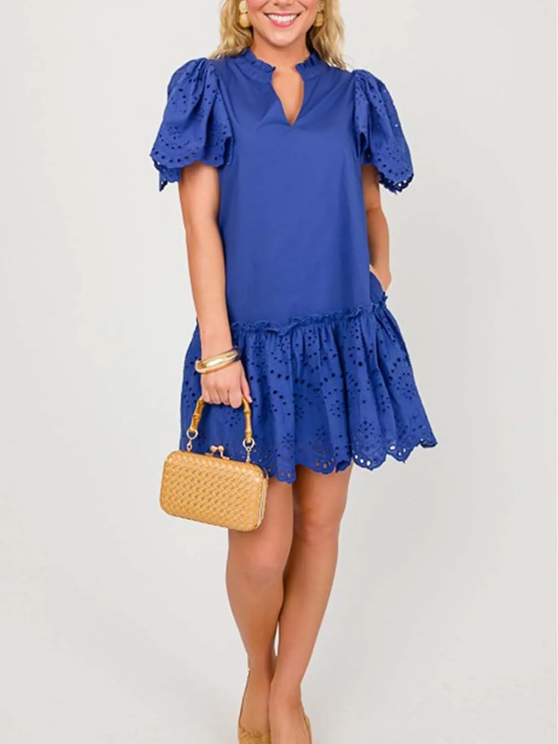 Womens Summer Boho Resort Dresses Moss Eyelet V-Neck Ruffle Cap Sleeve Mini Dress Beach Sundress with Pocket