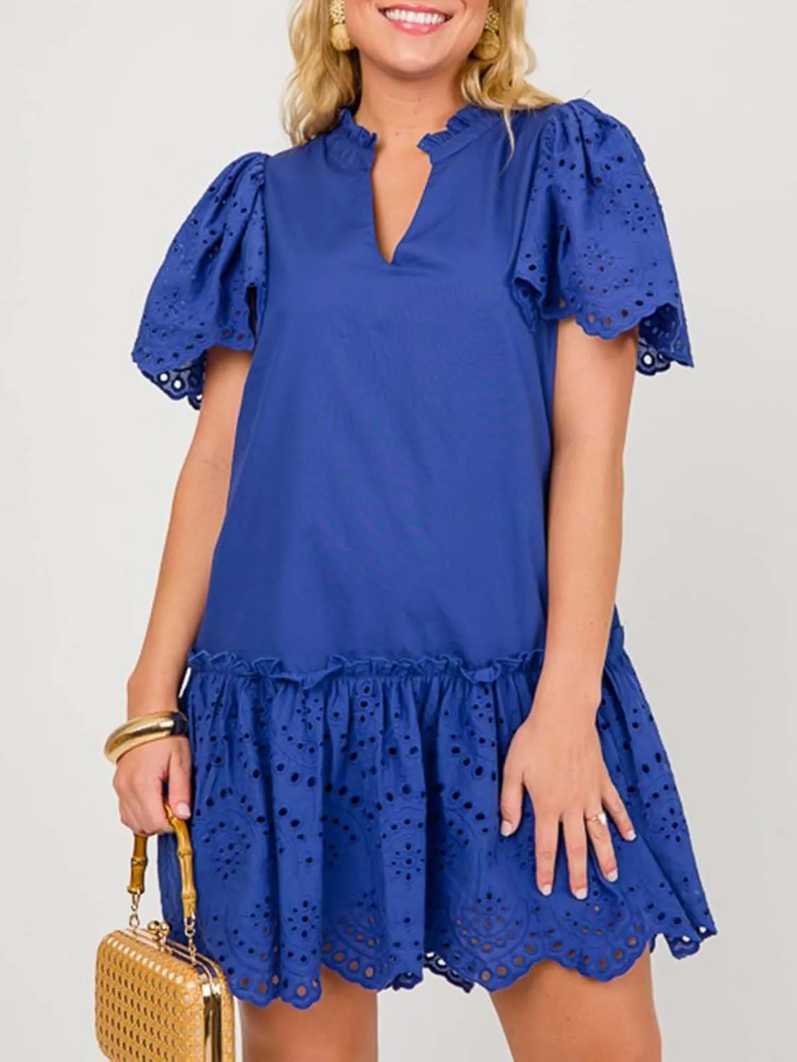 Womens Summer Boho Resort Dresses Moss Eyelet V-Neck Ruffle Cap Sleeve Mini Dress Beach Sundress with Pocket