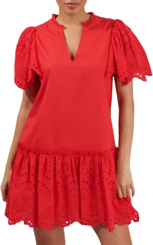 Womens Summer Boho Resort Dresses Moss Eyelet V-Neck Ruffle Cap Sleeve Mini Dress Beach Sundress with Pocket