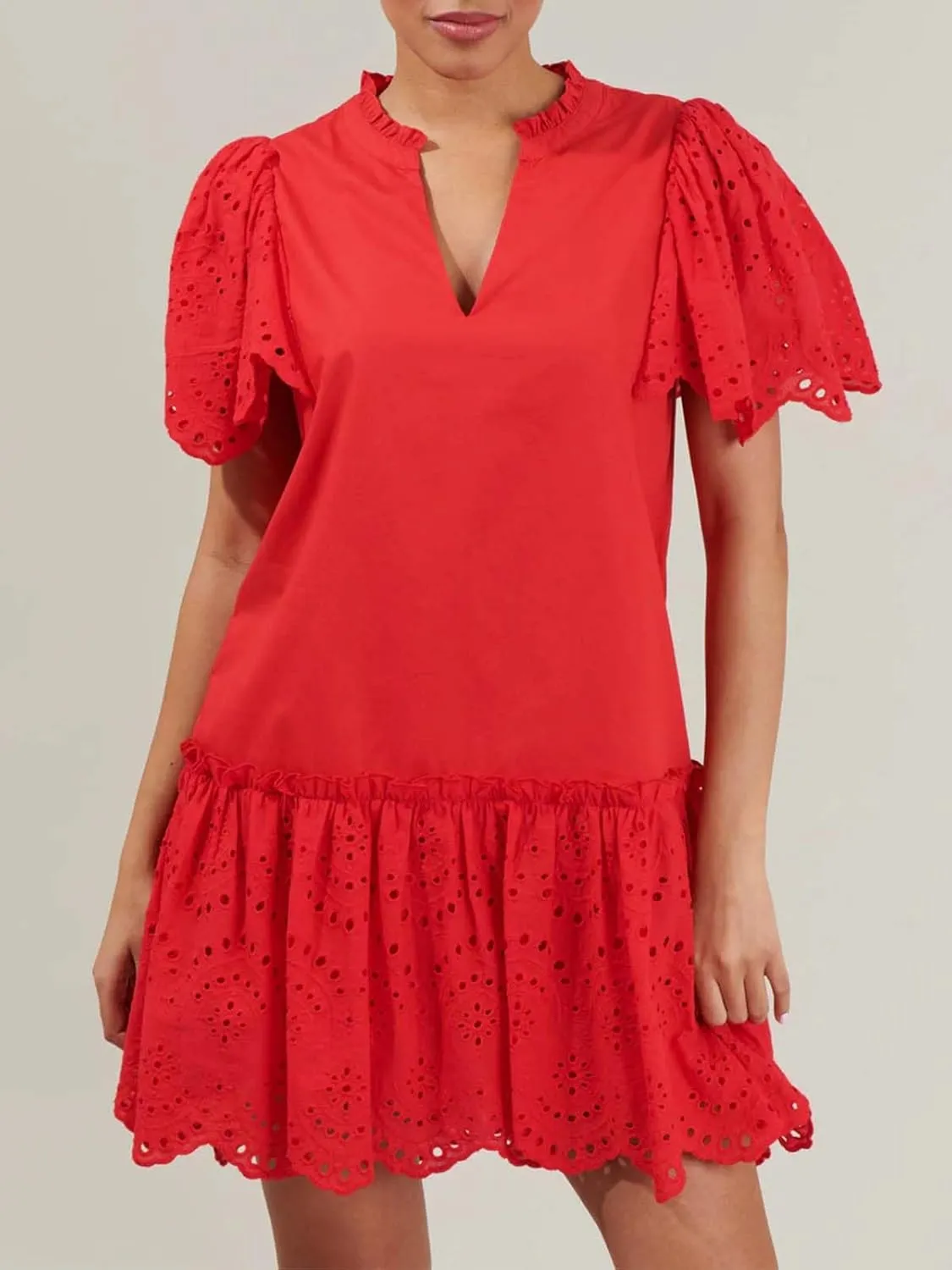 Womens Summer Boho Resort Dresses Moss Eyelet V-Neck Ruffle Cap Sleeve Mini Dress Beach Sundress with Pocket