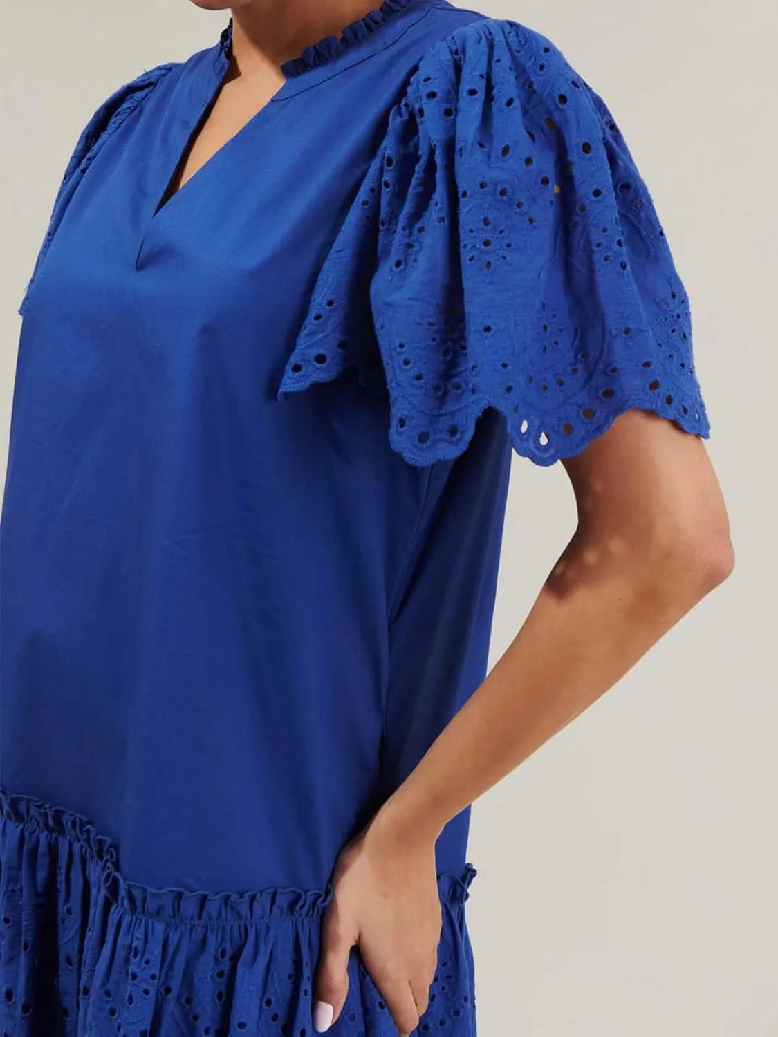 Womens Summer Boho Resort Dresses Moss Eyelet V-Neck Ruffle Cap Sleeve Mini Dress Beach Sundress with Pocket