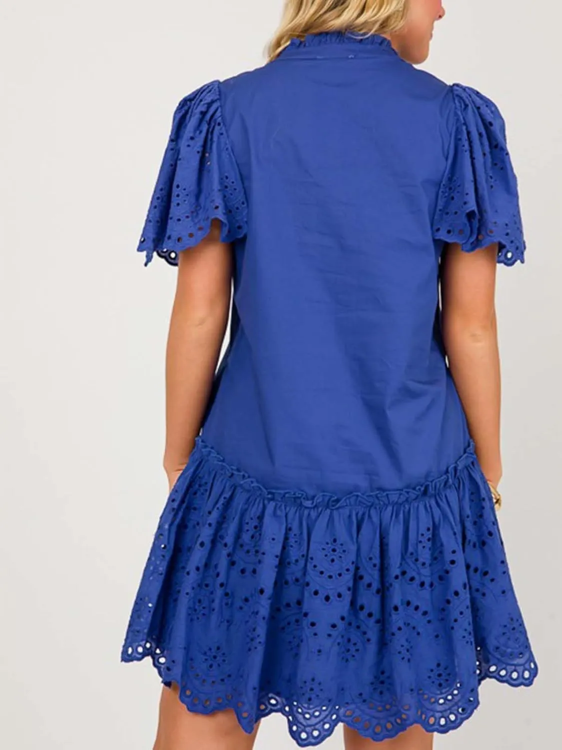 Womens Summer Boho Resort Dresses Moss Eyelet V-Neck Ruffle Cap Sleeve Mini Dress Beach Sundress with Pocket