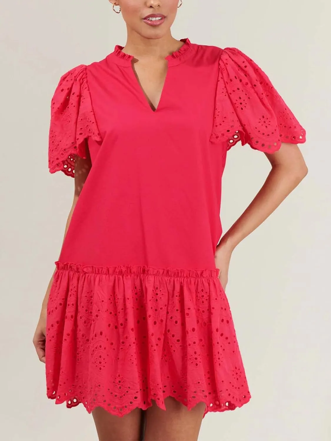 Womens Summer Boho Resort Dresses Moss Eyelet V-Neck Ruffle Cap Sleeve Mini Dress Beach Sundress with Pocket