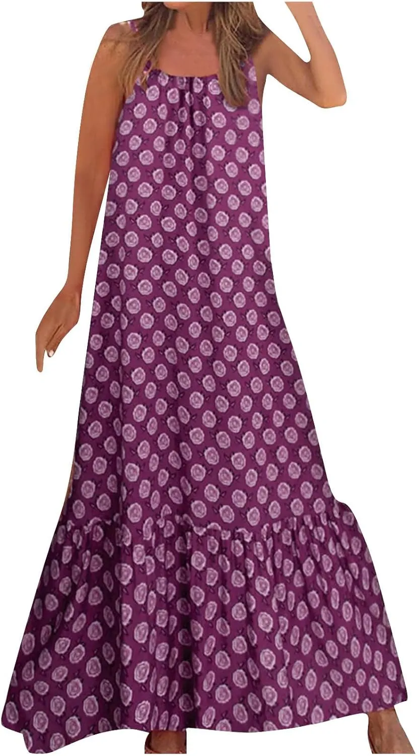 Women's Summer Casual Boho Floral Sundress Spaghetti Strap Flowy Midi Dresses A Line Beach Wedding Guest Dress