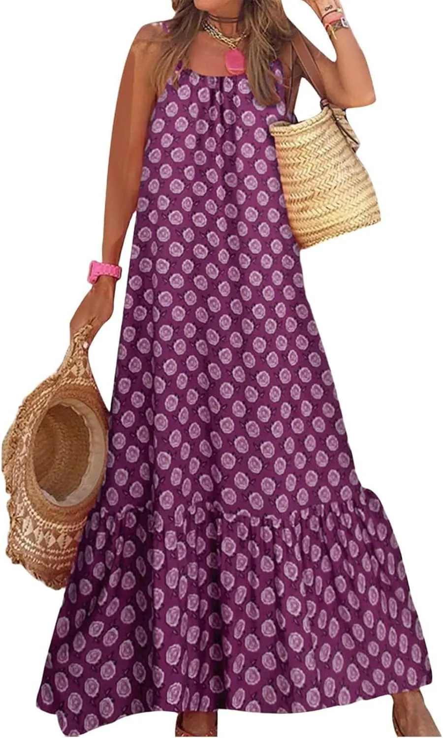 Women's Summer Casual Boho Floral Sundress Spaghetti Strap Flowy Midi Dresses A Line Beach Wedding Guest Dress