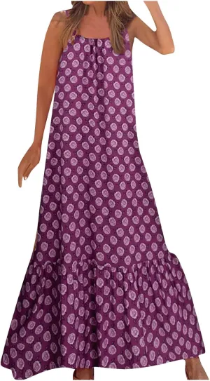 Women's Summer Casual Boho Floral Sundress Spaghetti Strap Flowy Midi Dresses A Line Beach Wedding Guest Dress