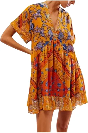 Womens Summer Dress Casual Vintage Floral Boho V Neck Swing Short Sleeve Pleated Ruffle Hem A-Line Beach Mini Dress