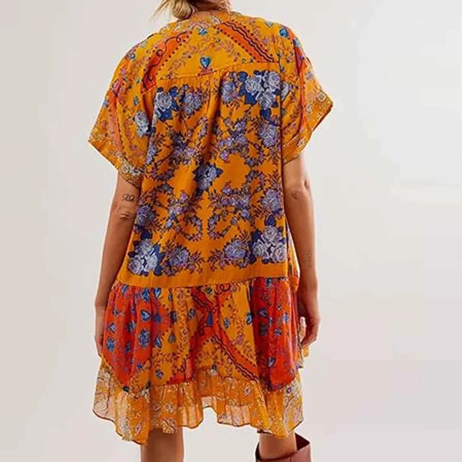 Womens Summer Dress Casual Vintage Floral Boho V Neck Swing Short Sleeve Pleated Ruffle Hem A-Line Beach Mini Dress
