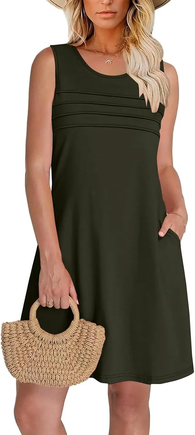 Womens Summer Dresses Casual Sleeveless Fashion Solid Color Dress Loose Fit Pleated Vacation Beach Sundress